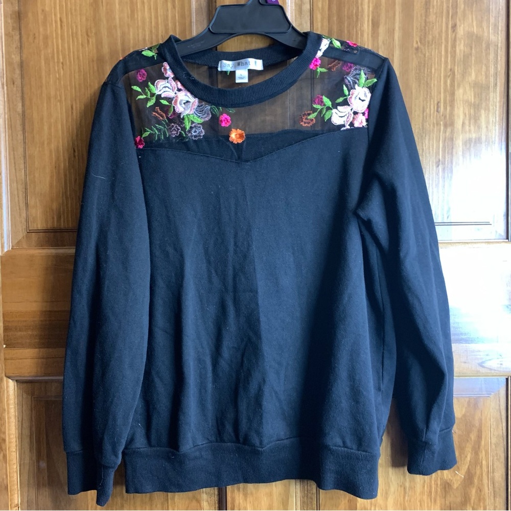 Women’s Large Say What floral embroidery sheer mesh top pane long sleeve shirt